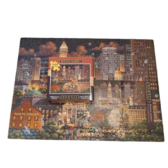 Boston Market 1000 Piece Puzzle By Dowdle Folk Art 19.5 X 26.5" Cityscape Night - Picture 3 of 5